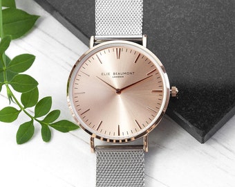 Elie Beaumont Personalised Ladies Metallic Mesh Strap Watch With Rose Gold Dial, Birthday Gift, Valentine's Day, Gift for Her, Mother's Day