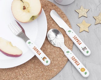 Personalised Children&#39;s Jungle Animal Metal Cutlery Set