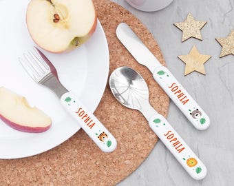 Spersonalizowany zestaw metalowych sztućców dla dzieci z motywem zwierząt dżungli