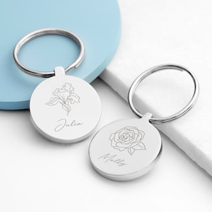 Personalised Round Birth Flower Keyring, Accessories, Keychain, Keepsake, Birthdays, Christmas, Keys, Metal, Mother&#39;s Day, Anniversaries