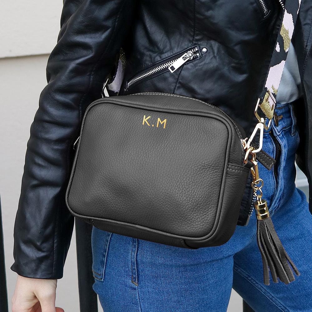 Personalised Elie Beaumont Cross Body Black Leather Bag With