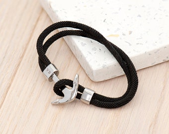 Personalised Men's Black Rope Nautical Anchor Bracelet
