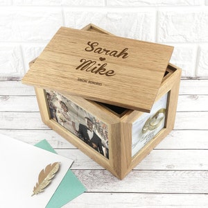Personalised Name and Heart Midi Oak Photo Cube Keepsake Box, Valentine&#39;s Day, Gift for Her, Anniversary, Wood, Gifts for Couples, Wedding