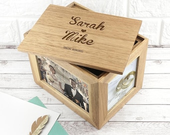 Personalised Name and Heart Midi Oak Photo Cube Keepsake Box, Valentine&#39;s Day, Gift for Her, Anniversary, Wood, Gifts for Couples, Wedding