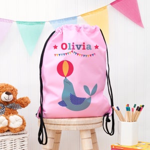 Personalised Classic Pink Circus Waterproof Swim Bag, For Kids, For Her, Swimming Lesson, School, Birthday, Christmas, Polyester, Drawstring