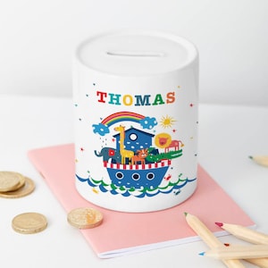 Personalised Noah&#39;s Ark Money Box, Ceramic, Piggy Bank, Christenings, Christmas, Birthdays, Keepsake, Bedroom Decor, Home Decorations, Coins