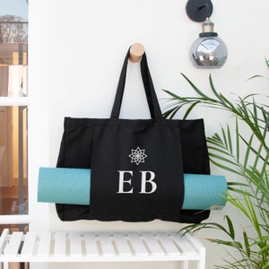 Monogrammed Organic Yoga Tote Bag, Eco-Conscious, Cotton Canvas, Mindfulness, Sustainable, Birthdays, Christmas, Gifts for Her, Gym, Sports Black