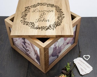 Personalised Couples' Oak Photo Keepsake Box with Floral Frame, Valentine's, Gift for Couples, Girlfriend, Boyfriend, Wedding, Anniversary
