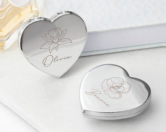 Miroir compact personnalisé en forme de coeur argenté avec fleurs de naissance, cadeaux pour elle, anniversaires, Noël, Saint-Valentin, anniversaires, accessoires cosmétiques