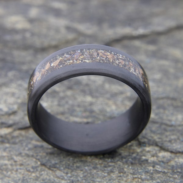 Triceratop Bone & Carbon Fiber Ring, Fossil And Amber Inlay Ring, Dinosaur Bone Ring