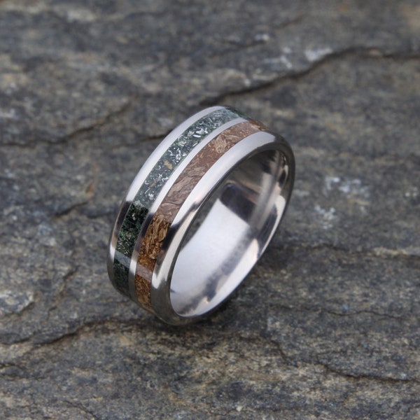 Triceratop Bone & Meteorite Ring, Titanium Dinosaur Fossil, Gibeon Meteorite, Glow Band