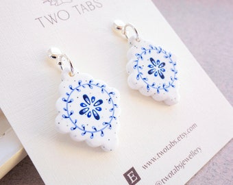 Hand-Painted White & Blue Tile Drop Earrings  |  Polymer Clay, 925 Sterling Silver  |  Scalloped Diamond  |  Portuguese Style  |  Handmade