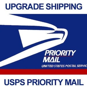 May include: The USPS Priority Mail logo features a blue background with a white eagle design. The words "PRIORITY MAIL" are in white, and "UNITED STATES POSTAL SERVICE" is below. The text "UPGRADE SHIPPING" and "USPS PRIORITY MAIL" are also present.