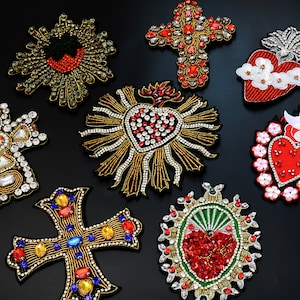 Bling Beaded Rhinestone Cross Hearts Gothic Style Applique Embroidery Sew On Patch DIY Decorative Accessory