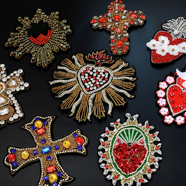 Bling Beaded Rhinestone Cross Hearts Gothic Style Applique Embroidery Sew On Patch DIY Decorative Accessory