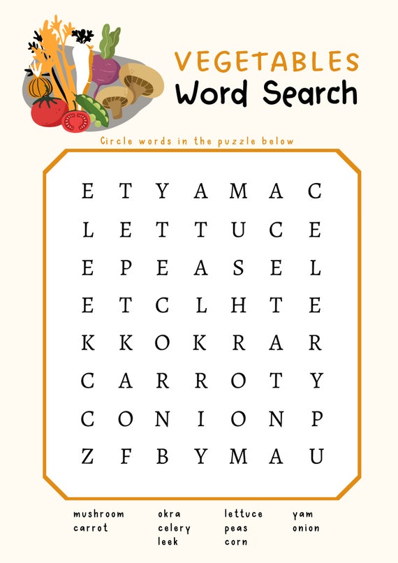 1 page printable vegetable word find etsy new zealand