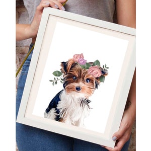 May include: A digital illustration of a Yorkshire Terrier wearing a flower crown with pink and purple flowers. The dog is sitting and looking at the viewer. The background is white.