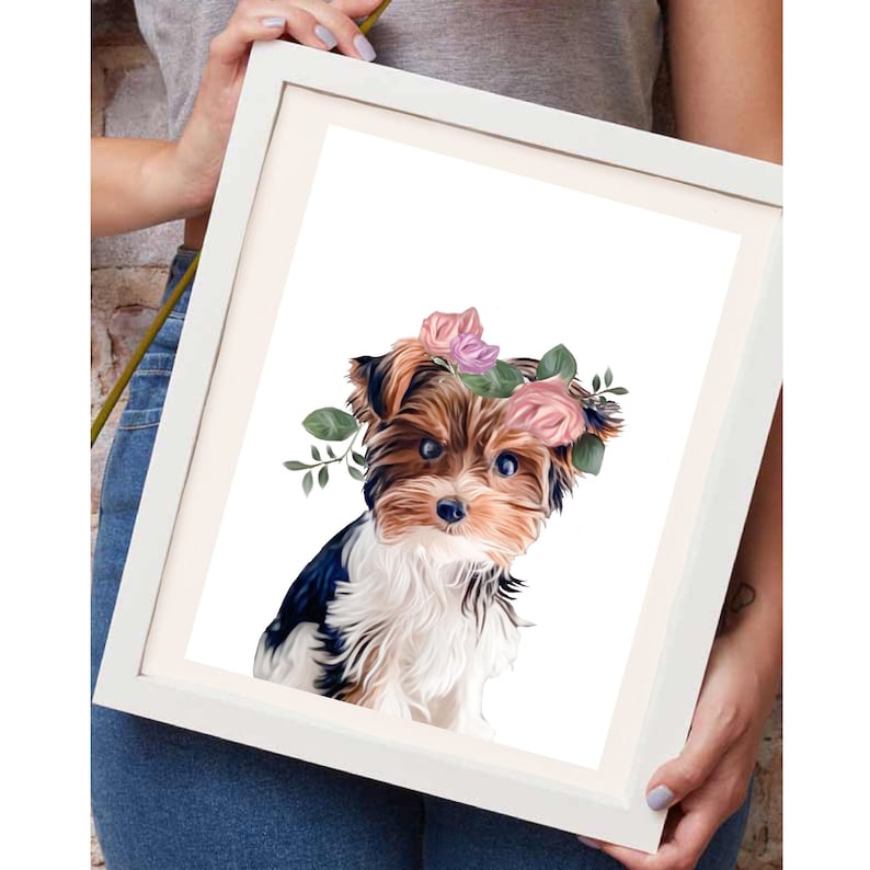 May include: A digital illustration of a Yorkshire Terrier wearing a flower crown with pink and purple flowers. The dog is sitting and looking at the viewer. The background is white.