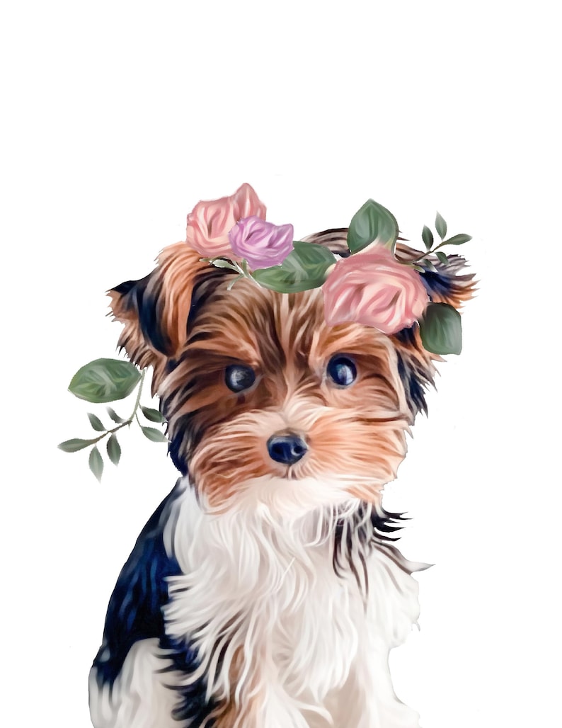 May include: A small brown and white Yorkshire Terrier puppy wearing a flower crown with pink and purple flowers and green leaves.
