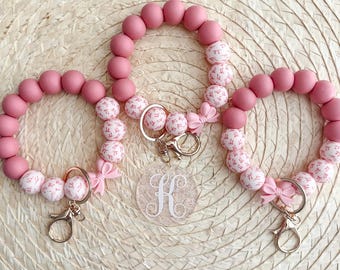 Personalized Pink Bow Keychain Wristlet Silicone Bracelet Beaded Design Bow Girly Accessory Glitter Monogram Tag Custom Girl Birthday Gift