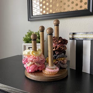 Wooden Scrunchie Holder Hair Tie Organizer Stand Jewelry Display Bathroom Counter Storage Solution Rustic Vanity Accessory Item Bedroom