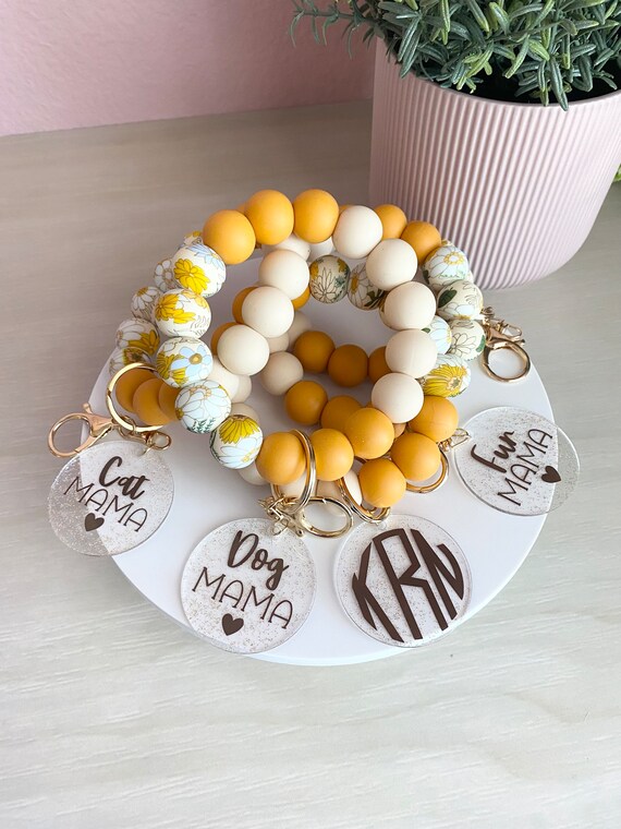 Custom Key Ring Teacher Appreciation Gift Silicone Keychain Wristlet  Bracelet Design Beaded Bangle Sunflower Decoration Small Gift for Girl