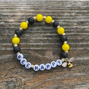 CLEARANCE Bee happy bracelet positive pun black and yellow