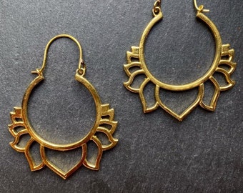 Brass Lotus  Hoop Earrings, Brass Hoops, Boho Brass Earrings, Retro Earrings, Statement Earrings, Bohemian