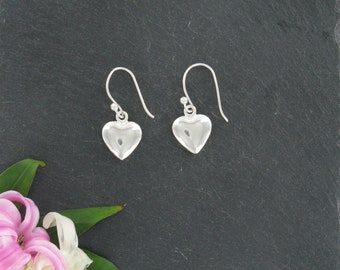 Silver Puff Heart Earrings, Sterling Silver Earrings, Heart Jewellery, Silver Drop Earrings, Modern Earrings