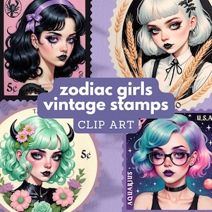 Dierenriem vrouwen illustraties, faux vintage postzegels van schattige pastel Goth astrologie meisjes, digitale stickers direct downloaden