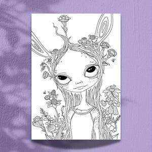 May include: A black and white line drawing of a whimsical character with large eyes, long hair, and flowers growing from their head. The character is wearing a simple dress and has a delicate, ethereal appearance.