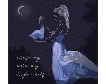 May include: An illustration depicts a woman in a flowing blue dress holding a smaller version of herself. The background is a dark blue night sky with a crescent moon and stars. Text reads "aligning with my higher self."