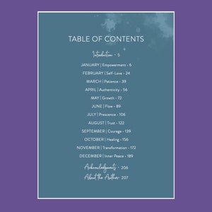 May include: A book's table of contents page with a teal and purple watercolor background. The text lists monthly themes such as Empowerment, Self-Love, Patience, Authenticity, Growth, Flow, and Inner Peace. The page also includes an introduction and acknowledgments.