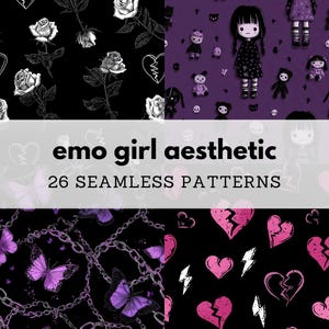 May include: A collection of 26 seamless patterns with an emo girl aesthetic. The patterns feature roses, broken hearts, butterflies, chains, and doll-like figures in black, white, and shades of purple. The text "emo girl aesthetic" and "26 seamless patterns" are displayed.