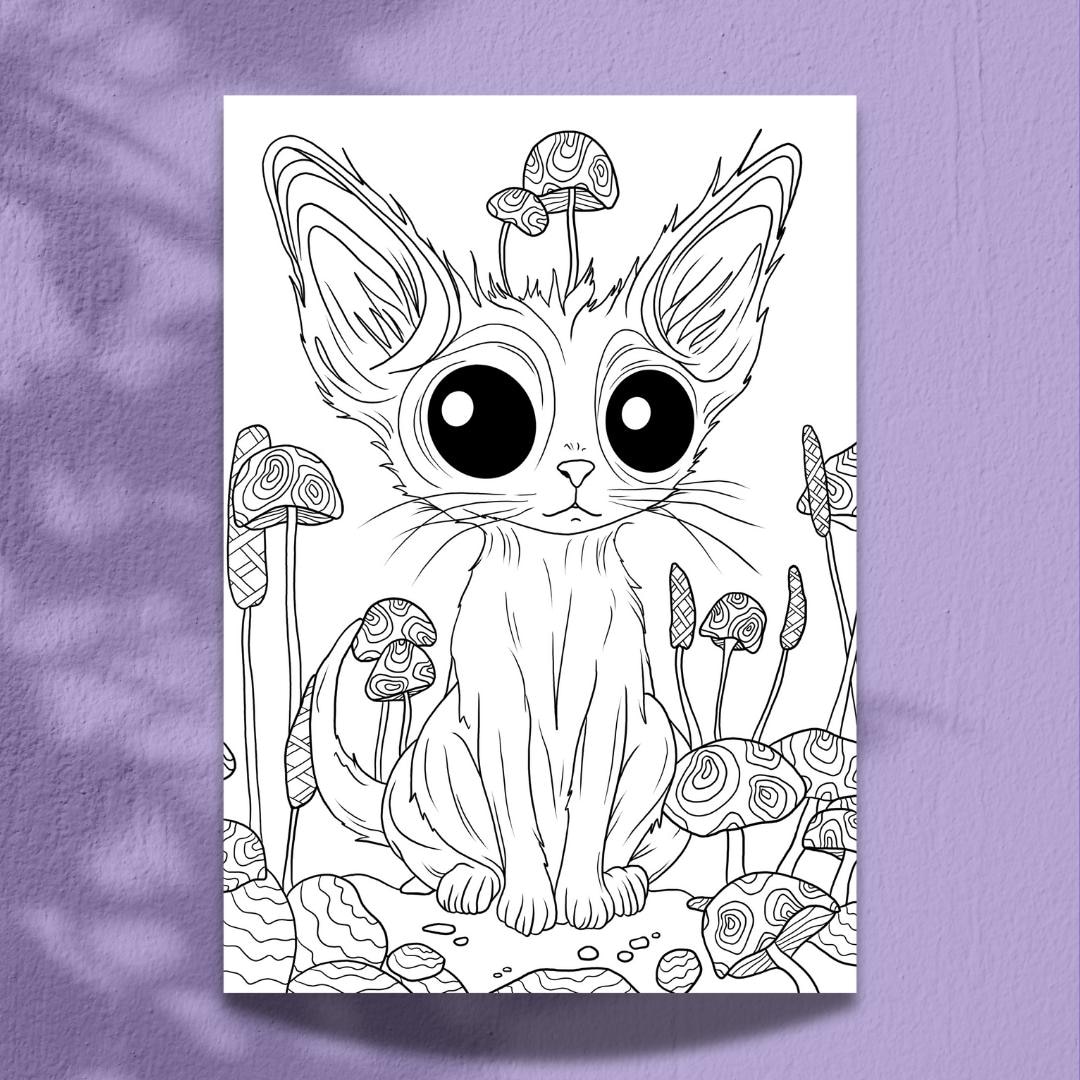 Alien Cat Coloring Sheet, Cute Quirky Kitty With Mushrooms, Coloring ...