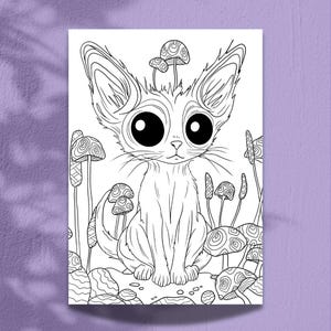 May include: A black and white line drawing of a cute, cartoon fennec fox with large eyes sitting amongst a field of mushrooms. The fox has large ears and a fluffy tail.