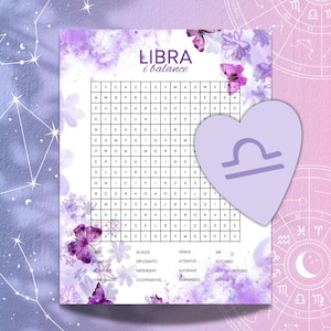 May include: A purple and white Libra-themed word search puzzle with a heart-shaped Libra symbol. The puzzle features the words "LIBRA i balance" and a list of Libra-related traits. Butterflies and floral accents decorate the background.