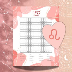 May include: A pink and white Leo-themed word search puzzle with a heart-shaped graphic. The puzzle includes the words "LEO i will" at the top and a list of Leo traits at the bottom.