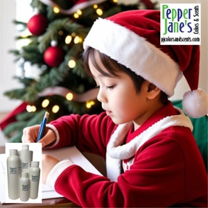 May include: A child wearing a Santa hat and red suit writes on paper, with a Christmas tree in the background. Several white bottles with the text "Pepper Jane's Colors & Scents" are in the lower left corner. The website pjcolorsandscents.com is also visible.