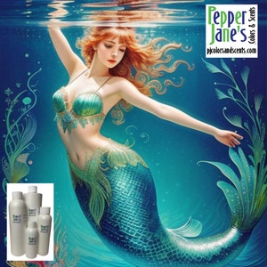 May include: A digital illustration of a mermaid with flowing red hair and a teal and gold seashell top and tail, swimming underwater. The image includes the text "Pepper Jane's Colors & Scents" and several white bottles.