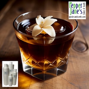 May include: A rocks glass filled with a dark amber liquid, ice, and a white flower. The glass has a diamond pattern. The image includes bottles with the text "Pepper Jane's Colors & Scents" and the website address.