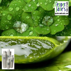 May include: Close-up of a green aloe vera leaf with droplets of water on the surface.  Four bottles of aloe vera gel are shown in the lower left corner of the image. The bottles are labeled "Pepper Jane's Colors & Scents" and "pjcolorsandscents.com".