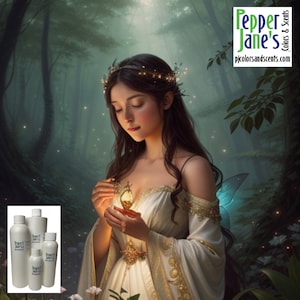 May include: An ethereal image of a woman in a white gown holding a glowing object in a forest setting. The image includes bottles with the text "Pepper Jane's Colors & Scents" and the website address "pjcolorsandscents.com".