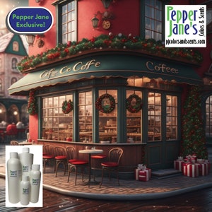 May include: A festive storefront with a green awning that reads "Cafe Co Coffee" and "Coffee". The storefront is decorated with Christmas lights, garlands, and wreaths. There are four bottles of essential oil on a table in front of the store. The bottles are labeled "Pepper Jane".