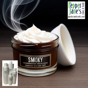 May include: A jar candle with a white whipped topping and the word "SMOKY" on the label. The candle is in a glass jar with a dark brown base. White smoke rises from the candle. The image also includes a white container and several white bottles.
