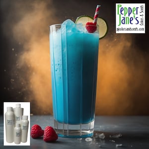May include: A tall glass of blue cocktail with ice, garnished with a lime slice, raspberry, and a red and white striped straw. The drink is set against a blurred orange and black background. The image also includes white bottles with the text "Pepper Jane's Colors & Scents" and "pjcolorsandscents.com".