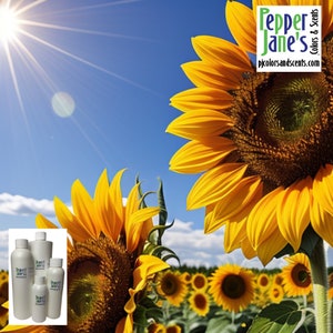 May include: A bright, sunny image of sunflowers in a field under a clear blue sky. The image includes several white bottles with the text "Pepper Jane's Colors & Scents" and the website address.