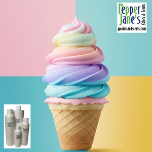 May include: A rainbow-colored ice cream cone with a waffle cone. Four bottles of food coloring are in the background. The bottles are labeled "Pepper Jane's Colors & Scents" and the website address is "pjcolorsandscents.com".