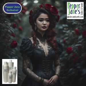 May include: A woman in a black lace dress with a floral crown stands in a garden with red roses. The text "Pepper Jane's" is visible in the upper right corner of the image. Three bottles of liquid are visible in the lower left corner of the image. The bottles are labeled "Pepper Jane's".