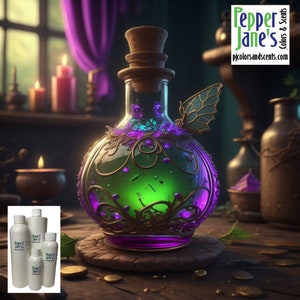 May include: A green and purple glass bottle with a gold metal lid and a butterfly design. The bottle is filled with a green liquid and has a glowing green light inside. The bottle is sitting on a wooden table with gold coins scattered around it.